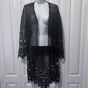 Tanzara-NWT-Women's Black Boho Lace Long Sleeve Crocheted Look Open Front Jacket